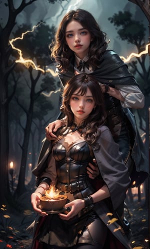 1 man, 1 woman, couple_(romantic), lovers, wizards, dancing mage ritual, cast spell lightning and fire magic, cheerfull face, detailed face, night, spark of lightning, night forest background, dynamic lighting, deep thoughts look, perfect face, perfect eyes, low key, facing directly at the viewer positioned so that their body is symmetrical and balancedLuxuriousWheelsCostume,Detailedface,Detailedeyes