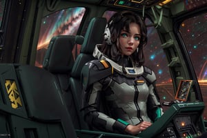 ((masterpiece)), ((best quality)), (ultra-detailed), ((extremely detailed CG 8k wallpaper)), HDR, absurdres, intricate details, high resolution, 8k, full body, Starry sky, a pretty woman, solo, beautiful black hair, beautiful green eyes, ((beautiful eyes)), cool, ((spacesuit, Space, cockpit)), gundam suit, girl looking at space,ramius1, inside robot cockpit, futuristic