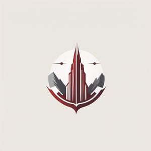 minimalist elegant logo, ((1skyscraper)), negative space design, colorful (red maroon, dark grey), minimalist, LogoRedAF, logoredmaf, white background