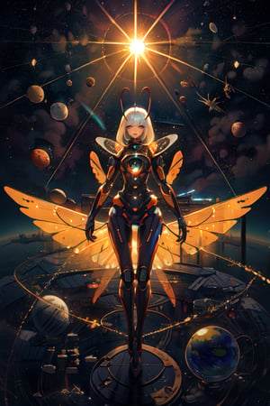 ((Masterpiece)), ((Best Quality)), Ultra-Detailed, advanced technology, extraterrestrial humanoid insect girl with thin neck and antenna, thin arms, hand with few fingers transparent slender body thin legs, detailed face, detailed eyes, doing photosynthesis on outer space, huge wing transparent solar panel, floating, absorb sun rays, bathing sun rays, advanced civilization, outer space background