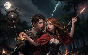 young couple_(romantic), lovers, wizards, dancing circling on bonfire, cast lightning magic, hold staff, cheerfull face, detailed face, night, under moon ray, lighting sparks, sparks, night forest background, dynamic lighting,  low key,LuxuriousWheelsCostume,Detailedface,Detailedeyes
