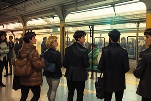 Crowded train station, busy hours, metropolitan city, train station background, dynamic lighting, realistic, mass people, various professions, all genders, anime style, manga style, colorfull