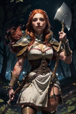 Boudicca, Legend warior queen led victory against Roman Empire, red_eye, red_hair, She is dressed like a ranger and has an axe on one of her sides and possesses a bow and arrow, barbarian uniform, medieval war background