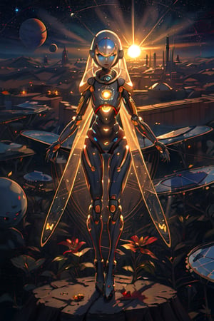((Masterpiece)), ((Best Quality)), Ultra-Detailed, advanced technology, extraterrestrial humanoid girl creature with thin neck, thin arms, hand with few fingers transparent slender body thin four legs, flowering entire body, detailed face, doing photosynthesis on outer space, transparent solar panel, absorb sun rays, bathing sun rays