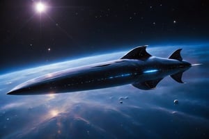 A majestic spacecraft, glides through the galaxy's twilight horizon, its curvaceous body resembling a majestic whale. The starboard fin stretches like a dorsal fin, while the portside thrusters evoke the gentle undulation of a whale's tail. Soft, ethereal light illuminates the ship's translucent hull, as if reflecting the bioluminescence of deep-sea creatures.,Starship