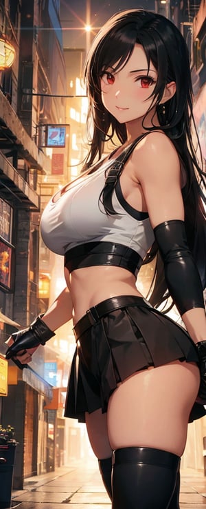 In this ultra-realistic masterpiece, Tifa Lockhart strikes a tantalizing pose, her super cute face aglow under HDR lighting. Her long black hair cascades down her back like a waterfall, framing her exquisite makeup. She wears a white tank top, black underwear, black leather pleated skirt, leather gloves, and black stockings with boots that exude natural sexiness. Against a dramatic background, Tifa's beauty is amplified by 32K resolution, showcasing every delicate detail with precision and clarity: the curves of her body, the subtle smile, and the sparkling eyes that seem to pierce through the frame
