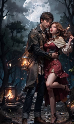 young couple_(romantic), lovers, wizards, dancing circling on bonfire, cast lightning magic, cheerfull face, detailed face, night, under moon ray, lighting sparks, night forest background, wilds magical animals, dynamic lighting,  low key,LuxuriousWheelsCostume,Detailedface,Detailedeyes