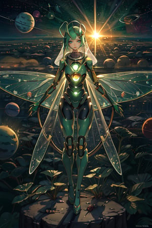 ((Masterpiece)), ((Best Quality)), Ultra-Detailed, advanced technology, ((solo)), extraterrestrial humanoid plant girl with thin neck and antenna, thin green arms, hand with few fingers, transparent green slender body, thin green legs,  detailed face, insect eyes, perfect eyes, photosynthesis on outer space, absorbing  sun rays, bathing sun rays, huge wing transparent solar panel, floating, outer space background