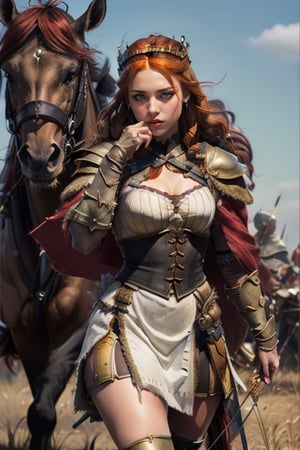 Boudicca, Legend warior queen led victory against Roman Empire, red_eye, red_hair, She is dressed like a ranger and has possesses a bow and arrow, barbarian uniform, medieval war schene, realistic