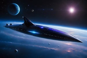 A majestic spacecraft, glides through the galaxy's twilight horizon, its curvaceous body resembling a majestic whale. The starboard fin stretches like a dorsal fin, while the portside thrusters evoke the gentle undulation of a whale's tail. Soft, ethereal light illuminates the ship's translucent hull, as if reflecting the bioluminescence of deep-sea creatures.,Starship