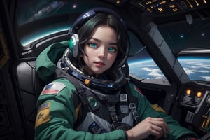 ((masterpiece)), ((best quality)), (ultra-detailed), ((extremely detailed CG 8k wallpaper)), HDR, absurdres, intricate details, high resolution, 8k, full body, Starry sky, a pretty woman, solo, beautiful black hair, beautiful green eyes, ((beautiful eyes)), cool, ((spacesuit, Space, cockpit)), gundam in front