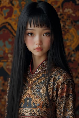 Super detailed, super realistic, beautiful Indonesian 19 years old girl with long hair with bangs,
Wearing national costume, long straight black hair, Batik dress national costume (parang motive), almond eyes, intricate textiles decorated with colorful and intricate geometric patterns, arms decorated with decorative embroidery.
Beautiful crystal brown eyes, almond eyes, complex fabric decorated with intricate geometric patterns, white, grey and black and other earth tones clothes