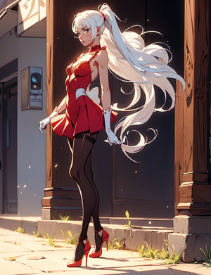 luffy d. fan art, (( white hair)),(( skin color full white)) , white aura, bunny girl, high heels, black pantyhose, tights, stocking, long_gloves, long blond hair, long_ponytail, full body, standing