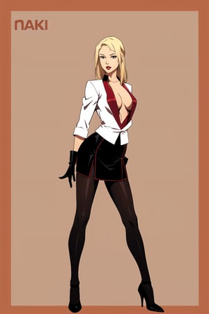 Mai Shiranui, long blond hair, sexy, black pantyhose, black gloves, high heels, full body, standing,