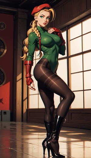 Cammy, female, beautiful big_breast, often in the form of long, black pantyhose, high heels, sexy, green suit,