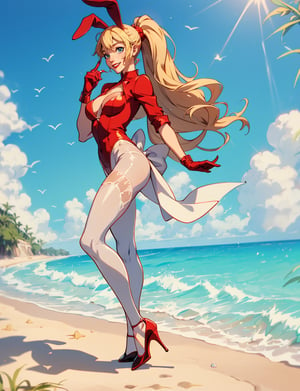 luffy d. fan art, bunny girl, high heels, black pantyhose, 
 black gloves, long blond hair, long_ponytail, full body, standing,style, sonny, beach, smile, red lips, bunny_suit