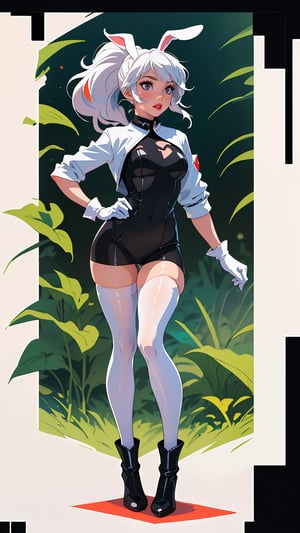 (best quality, masterpiece), 1girl, explorer, bush, full lips, red lip, black pantyhose, white bunny ears, white bunny girl, sexy, boots, spread, full body, white gloves, slim legs, long white hair, ponytail, black stockings, black socks