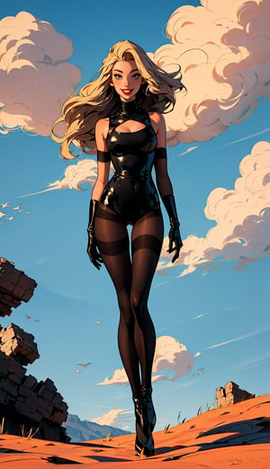 (windy background), 1woman, smile, (blond hair), long-hair, past-the-weste, beautiful breasts, (black tights),  (black stocking), clouds,style, bunny girl, pantyhose, high heels, full body, standing, black gloves