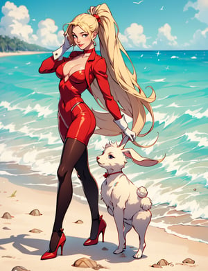 luffy d. fan art, bunny girl, high heels,pantyhose, black pantyhose, black gloves, long blond hair, long_ponytail, full body, standing,style, sonny, beach, smile, red lips, bunny_suit, solo, sexy