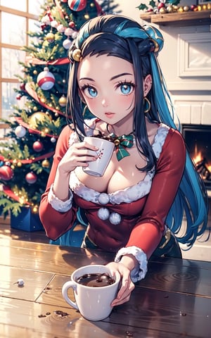 Nessa from pokemon wearing a Santa's outfit, drinking a cup of hot cocoa, christmas decorations litter the floor, lights and decorations are hung on the christmas tree, 8k masterpiece, ultra realistic, UHD, highly detailed, best quality,Christmas
