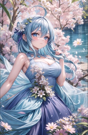 1girl, solo, long hair, breasts, looking at viewer, blush, bangs, blue eyes, medium breasts, hair ornament, dress, cleavage, hair between eyes, bare shoulders, jewelry, medium breasts, closed mouth, blue hair, flower, sleeveless, hand up, hair flower, sleeveless dress, blue dress, white flower, 8k masterpiece, ultra realistic, UHD, highly detailed, best quality,candyland,better_hands,full background