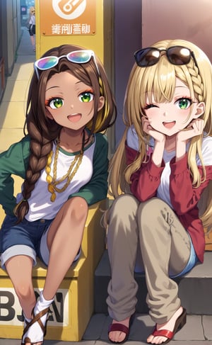 long hair, looking at viewer, smile, open mouth, multiple girls, blonde hair, brown hair, shirt, long sleeves, 2girls, sitting, green eyes, white shirt, braid, multicolored hair, one eye closed, shorts, socks, pants, dark skin, dark-skinned female, makeup, sandals, sunglasses, eyewear on head, head rest