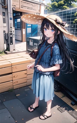 1girl, solo, long hair, looking at viewer, blush, bangs, blue eyes, skirt, shirt, black hair, hat, closed mouth, standing, full body, short sleeves, outdoors, day, bag, blue skirt, black shirt, sandals, hat ribbon, polka dot, ground vehicle, sun hat, long skirt, straw hat, train station, 8k, masterpiece, ultra realistic, UHD, highly detailed, best quality,Eyes,Beautiful eyes,multiple veiws,pov