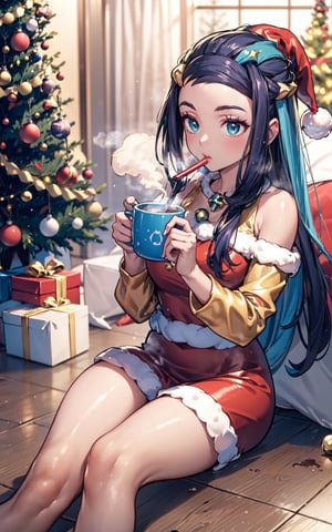  Nessa from pokemon wearing a Santa's outfit, drinking a steaming cup of hot cocoa, christmas decorations litter the floor, lights and decorations are hung on the christmas tree, 8k masterpiece, ultra realistic, UHD, highly detailed, best quality,Christmas