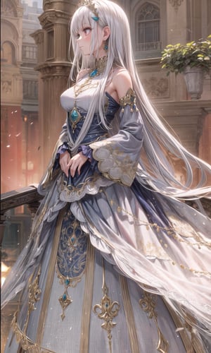 1girl, solo, long white hair, medium breasts, bangs, hair ornament, long sleeves, dress, bare shoulders, jewelry, very long hair, closed mouth, standing, full body, white hair, earrings, detached sleeves, wide sleeves, profile, long dress, 8k, masterpiece, ultra realistic, UHD, highly detailed, best quality,