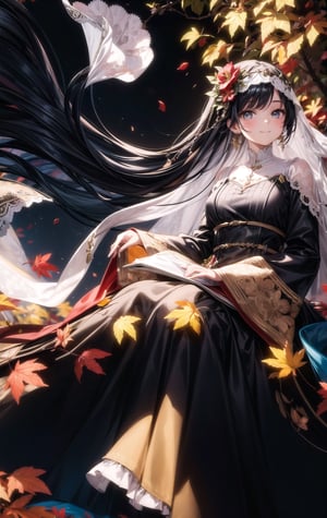 1girl, solo, long hair, looking at viewer, smile, bangs, black hair, hair ornament, long sleeves, dress, jewelry, sitting, very long hair, closed mouth, flower, earrings, hair flower, wide sleeves, black dress, grey eyes, floating hair, leaf, veil, 8k, masterpiece, ultra realistic, UHD, highly detailed, best quality,full background, 