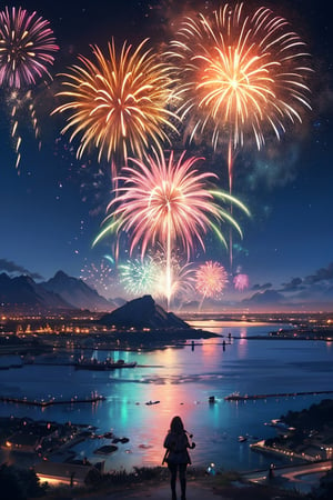 Happy new year! 2024, fireworks, colorful laser show, 8k masterpiece, ultra realistic, UHD, highly detailed, best quality,