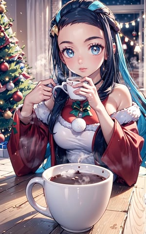 Nessa from pokemon wearing a Santa's outfit, drinking a steaming cup of hot cocoa, christmas decorations litter the floor, lights and decorations are hung on the christmas tree, 8k masterpiece, ultra realistic, UHD, highly detailed, best quality,Christmas