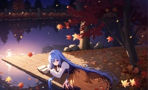 1girl, solo, long hair, long sleeves, dress, sitting, very long hair, blue hair, purple eyes, outdoors, water, tree, book, night, leaf, autumn leaves