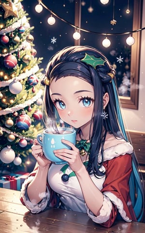 1 girl, soft tan skin, Nessa from pokemon wearing a Santa's outfit, drinking a steaming cup of hot cocoa, lights and decorations are hung on the christmas tree, 8k masterpiece, ultra realistic, UHD, highly detailed, best quality,Christmas,christmas tree
