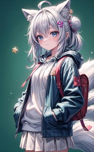 1girl, solo, long hair, looking at viewer, bangs, blue eyes, shirt, hair ornament, long sleeves, animal ears, closed mouth, jacket, tail, white shirt, ahoge, white hair, cowboy shot, open clothes, hood, bag, hair bun, star \(symbol\), open jacket, animal ear fluff, fox ears, double bun, hoodie, fox tail, blue background, piercing, backpack, white skirt, hood down, blue jacket, fox girl, hooded jacket, star hair ornament, hands in pockets, ,candyland