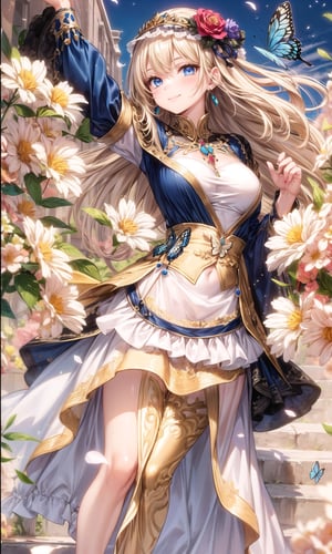 1girl, solo, long hair, breasts, looking at viewer, smile, bangs, blue eyes, blonde hair, dress, jewelry, flower, earrings, arm up, feet out of frame, bug, butterfly, stairs, blue butterfly, 8k masterpiece, ultra realistic, UHD, highly detailed, best quality,