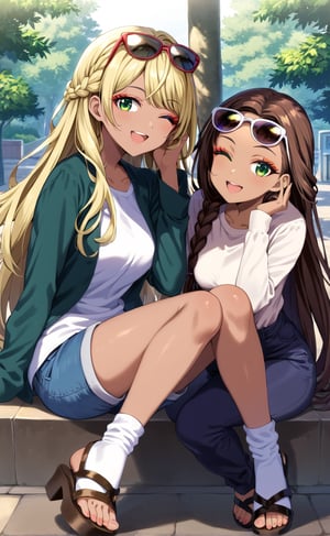 long hair, looking at viewer, smile, open mouth, multiple girls, blonde hair, brown hair, shirt, long sleeves, 2girls, sitting, green eyes, white shirt, braid, multicolored hair, one eye closed, shorts, socks, pants, dark skin, dark-skinned female, makeup, sandals, sunglasses, eyewear on head, head rest