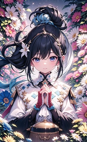 1girl, solo, long hair, looking at viewer, bangs, blue eyes, black hair, hair ornament, gloves, long sleeves, holding, jewelry, closed mouth, blue hair, upper body, ponytail, flower, earrings, hair flower, book, own hands together, red gloves, blue flower, 8k masterpiece, ultra realistic, UHD, highly detailed, best quality,Eyes