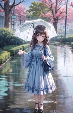 1girl, solo, long hair, looking at viewer, bangs, blue eyes, brown hair, hair ornament, long sleeves, dress, holding, closed mouth, standing, full body, outdoors, shoes, hair flower, wide sleeves, bag, black footwear, white dress, parted bangs, umbrella, holding umbrella, stormy sky, raining, masterpiece, ultra realistic, UHD, highly detailed, best quality,candyland,better_hands,full background