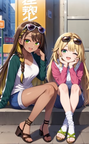 long hair, looking at viewer, smile, open mouth, multiple girls, blonde hair, brown hair, shirt, long sleeves, 2girls, sitting, green eyes, white shirt, braid, multicolored hair, one eye closed, shorts, socks, pants, dark skin, dark-skinned female, makeup, sandals, sunglasses, eyewear on head, head rest