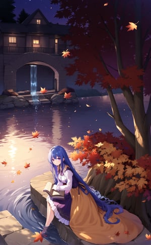 1girl, solo, long hair, long sleeves, dress, sitting, very long hair, blue hair, purple eyes, outdoors, water, tree, book, night, leaf, autumn leaves