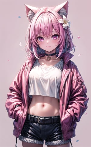 1girl, solo, long hair, breasts, looking at viewer, blush, bangs, shirt, hair ornament, long sleeves, navel, animal ears, closed mouth, light smile, collarbone, jacket, white shirt, pink hair, braid, flower, white hair, cowboy shot, open clothes, shorts, choker, midriff, belt, cat ears, hair flower, pink eyes, open jacket, crop top, animal ear fluff, short shorts, pink background, hands in pockets, pink jacket, pink theme, pink shorts, pink belt, ,candyland, 8k, masterpiece, ultra realistic, UHD, highly detailed, best quality,