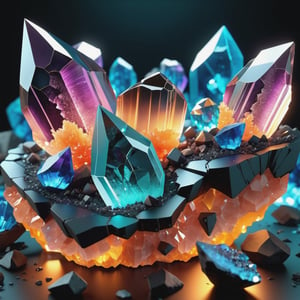 neon glowing sulphuric 3d realistic crystals in a cracked geode 4k, crystal shards lined up all around it, stable diffusion, high quality, unreal engine, ultra detailed, realistic