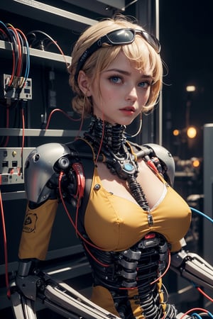 Spongebob (((Perfect Face)))((cowboy shot)), (((masterpiece))), (((best quality))), ((ultra-detailed)), (highly detailed CG illustration), ((an extremely delicate and beautiful)),((Chest covered)), cinematic light,(((1mechanical girl))),solo,((upper torso hanging by wires)),((Hanging by wires and tubes)), (machine made joints:1.2),((machanical limbs)),(blood vessels connected to tubes),(mechanical vertebra attaching to back),((mechanical cervial attaching to neck)),(sitting),expressionless, (chest covered), (wires and cables attaching to neck:1.2),(wires and cables on head:1.2),(character focus),science fiction, extreme detailed, colorful, highest detailed