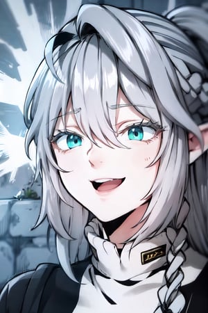 hyperdetailed face, 8k and, airbrushed, icy white hair, happy, sweater dress