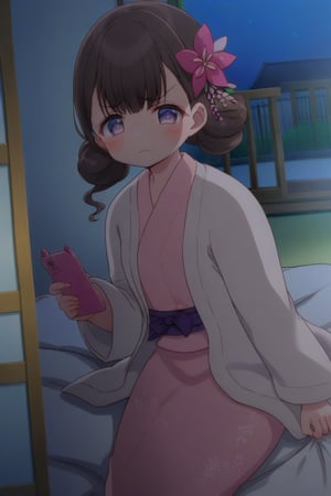 tokinoyamio, open cardigan, on bed, night, yukata, sliding doors, hair flower, facing viewer, holding phone, frown