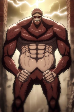 beasttitan, own hands together, wall, standing, large pectorals, lightning, day, sunglasses, red theme