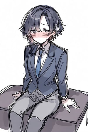 batasensei, blue necktie, formal, sketch, sitting, grey pants, blush