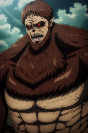 beasttitan, cloudy sky, glowing red eyes, upper body, open mouth, looking at viewer, black sclera, blurry background, pectorals, dark, no humans