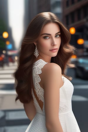 full body beautiful woman, long brown hair, long white lace dress, walking in New York City streets, looking at viewer, macro photography, close-up, hyper detailed, artstation trends, sharp focus, studio shot, intricate detail , highly detailed, by greg rutkowski